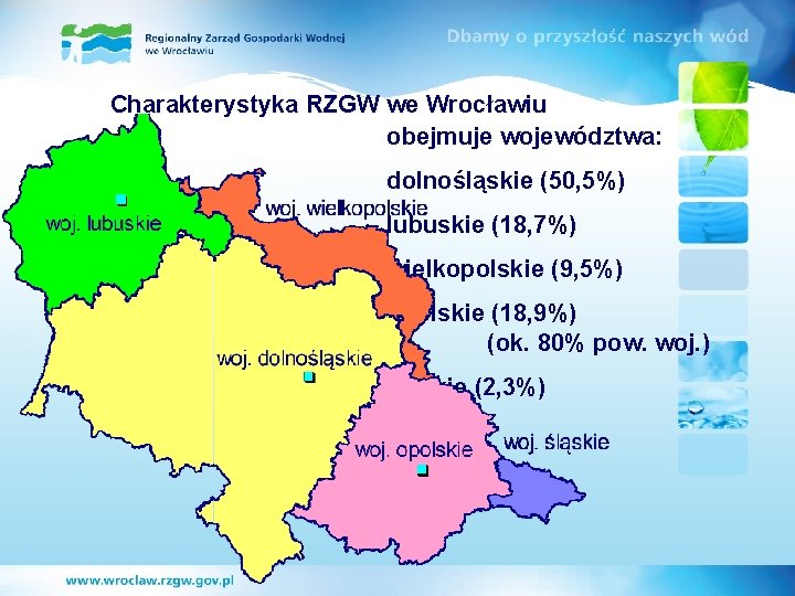 Charakterystyka RZGW we Wrocławiu obejmuje województwa: dolnośląskie (50, 5%) lubuskie (18, 7%) wielkopolskie (9,