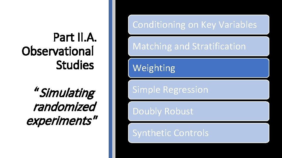 Part II. A. Observational Studies “Simulating randomized experiments" Conditioning on Key Variables Matching and