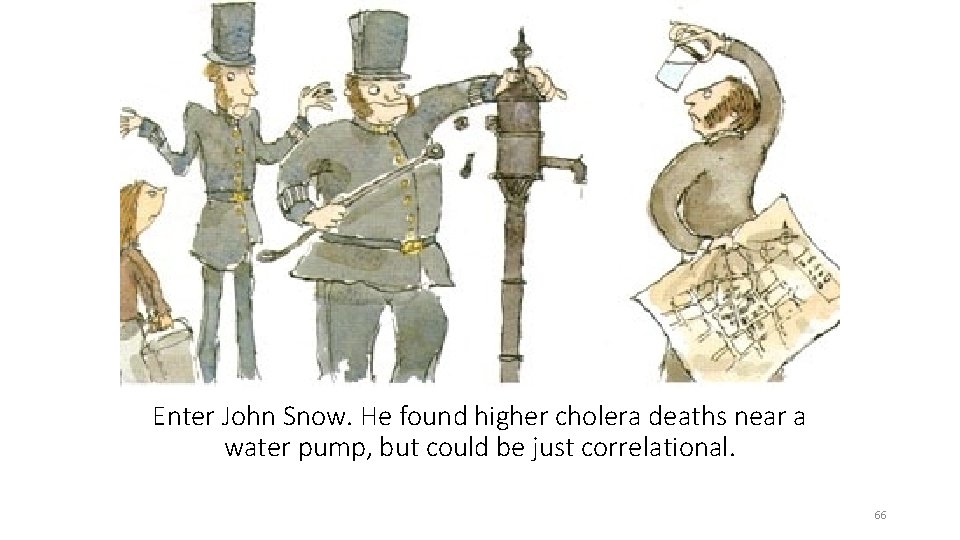 Enter John Snow. He found higher cholera deaths near a water pump, but could