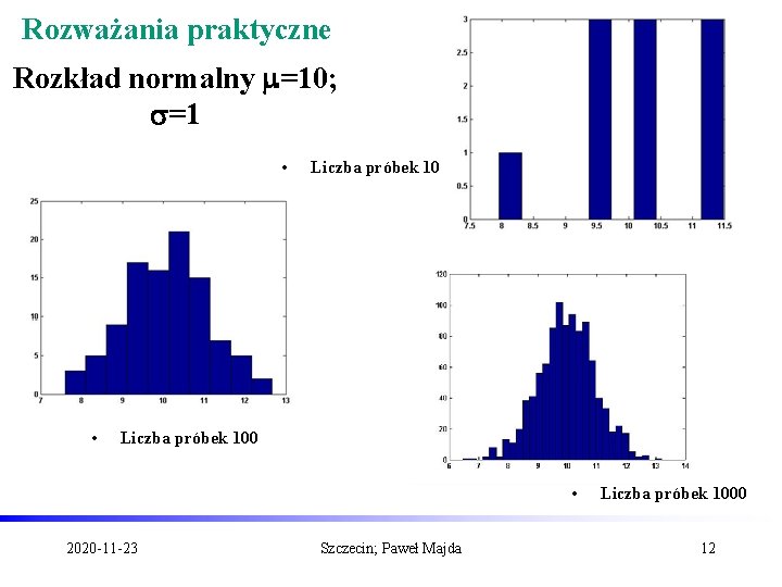 Rozważania praktyczne Rozkład normalny m=10; s=1 • • Liczba próbek 100 • 2020 -11