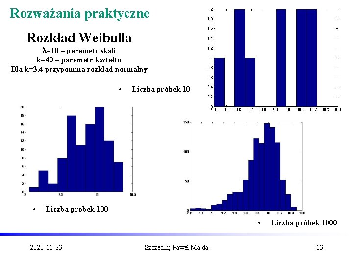 Rozważania praktyczne Rozkład Weibulla l=10 – parametr skali k=40 – parametr kształtu Dla k=3.