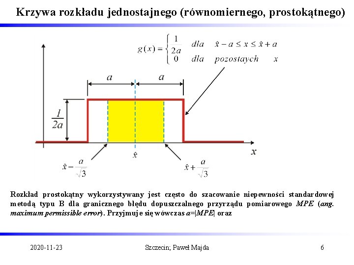 Krzywa rozkładu jednostajnego (równomiernego, prostokątnego) Rozkład prostokątny wykorzystywany jest często do szacowanie niepewności standardowej