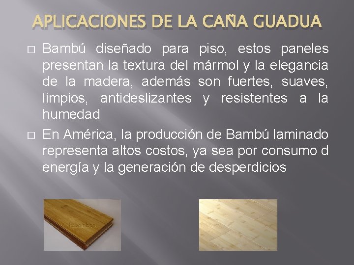 APLICACIONES DE LA CAÑA GUADUA � � Bambú diseñado para piso, estos paneles presentan