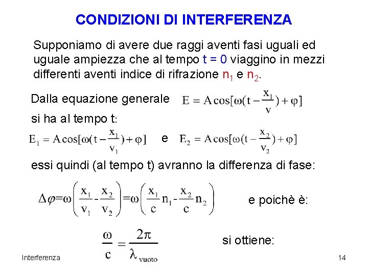 CONDIZIONI DI INTERFERENZA Supponiamo di avere due raggi aventi fasi uguali ed uguale ampiezza CONDIZIONI DI INTERFERENZA Supponiamo di avere due raggi aventi fasi uguali ed uguale ampiezza