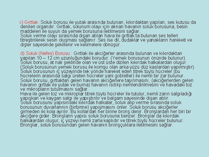 c) Gırtlak : Soluk borusu ile yutak arasında bulunan, kıkırdaktan yapılan, ses kutusu da c) Gırtlak : Soluk borusu ile yutak arasında bulunan, kıkırdaktan yapılan, ses kutusu da