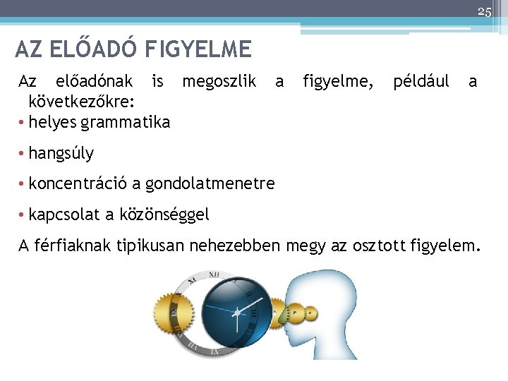 25 AZ ELŐADÓ FIGYELME Az előadónak is megoszlik következőkre: • helyes grammatika a figyelme,