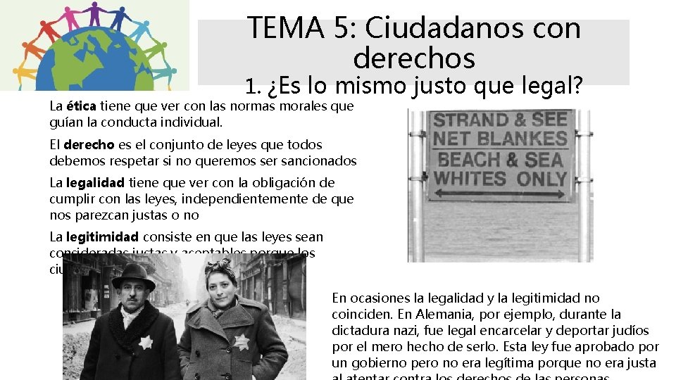 TEMA 5: Ciudadanos con derechos 1. ¿Es lo mismo justo que legal? La ética