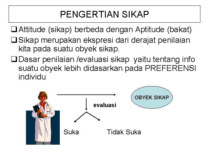 PENGERTIAN SIKAP q Attitude (sikap) berbeda dengan Aptitude (bakat) q Sikap merupakan ekspresi dari
