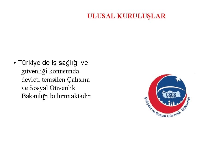 ULUSAL KURULUŞLAR • Türkiye’de iş sağlığı ve güvenliği konusunda devleti temsilen Çalışma ve Sosyal