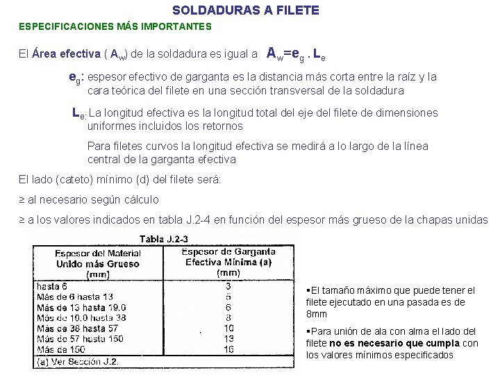 SOLDADURAS A FILETE ESPECIFICACIONES MÁS IMPORTANTES El Área efectiva ( Aw) de la soldadura SOLDADURAS A FILETE ESPECIFICACIONES MÁS IMPORTANTES El Área efectiva ( Aw) de la soldadura