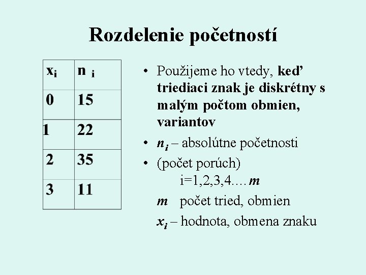 Rozdelenie početností • Použijeme ho vtedy, keď triediaci znak je diskrétny s malým počtom