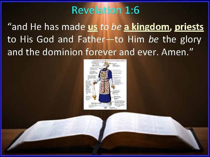 Revelation 1: 6 “and He has made us to be a kingdom, priests to