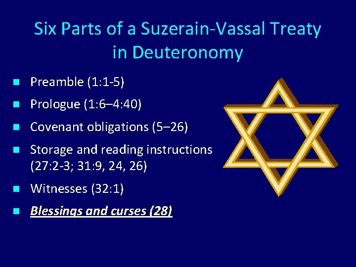 Six Parts of a Suzerain-Vassal Treaty in Deuteronomy n Preamble (1: 1 -5) n Six Parts of a Suzerain-Vassal Treaty in Deuteronomy n Preamble (1: 1 -5) n