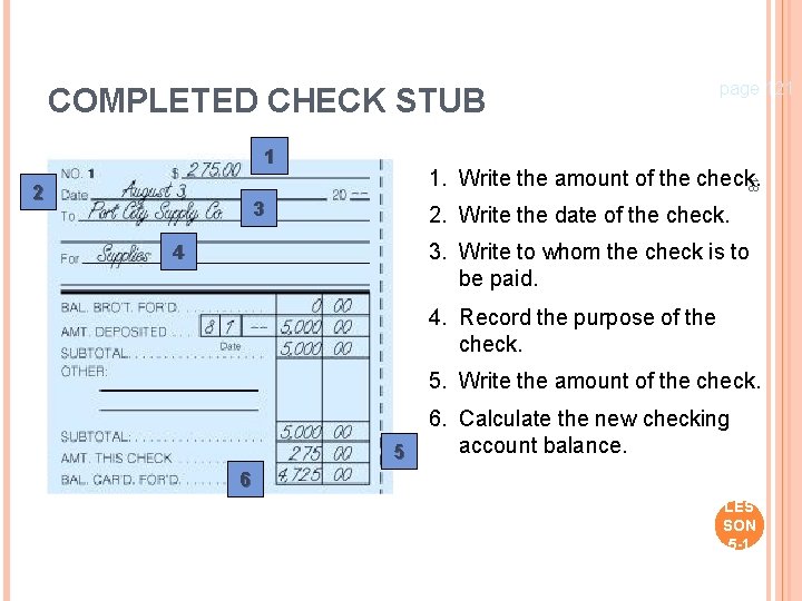 COMPLETED CHECK STUB 1 page 121 1. Write the amount of the check. 18