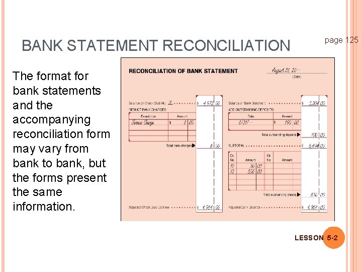 BANK STATEMENT RECONCILIATION page 125 The format for bank statements and the accompanying reconciliation