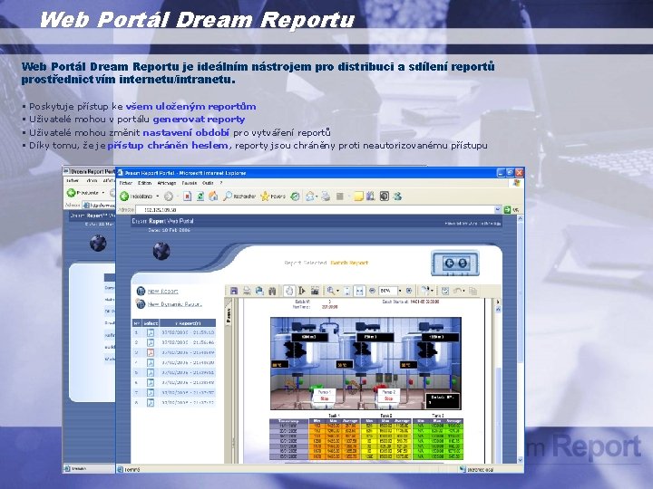 Web Portál Dream Reportu je ideálním nástrojem pro distribuci a sdílení reportů prostřednictvím internetu/intranetu.