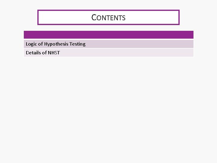 CONTENTS Logic of Hypothesis Testing Details of NHST 