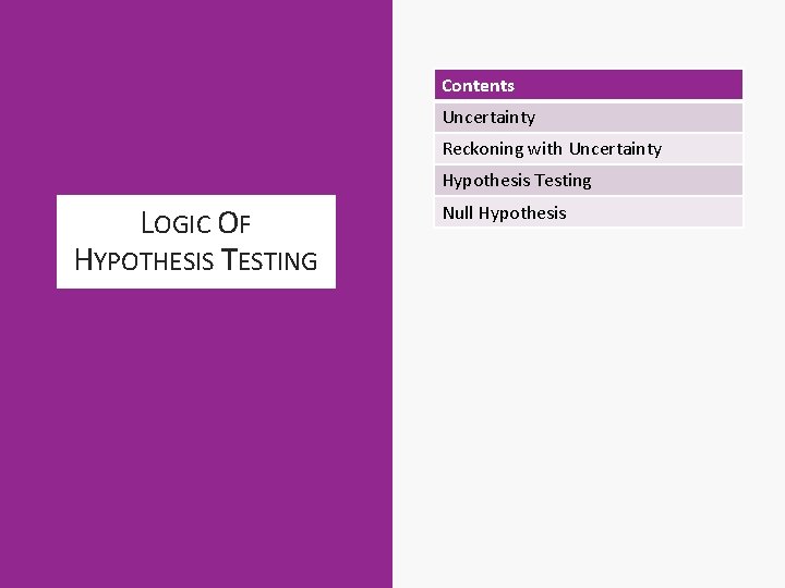 Contents Uncertainty Reckoning with Uncertainty Hypothesis Testing LOGIC OF HYPOTHESIS TESTING Null Hypothesis 