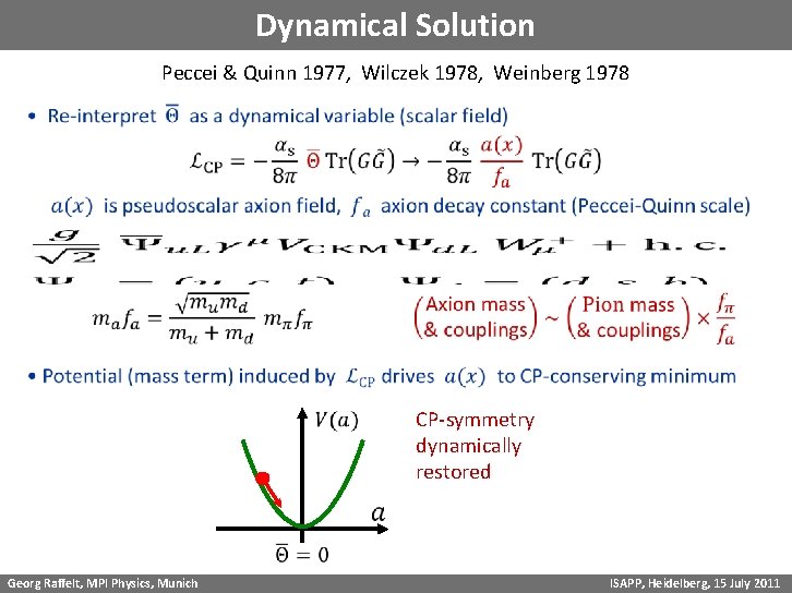 Dynamical Solution Peccei & Quinn 1977, Wilczek 1978, Weinberg 1978 CP-symmetry dynamically restored Georg