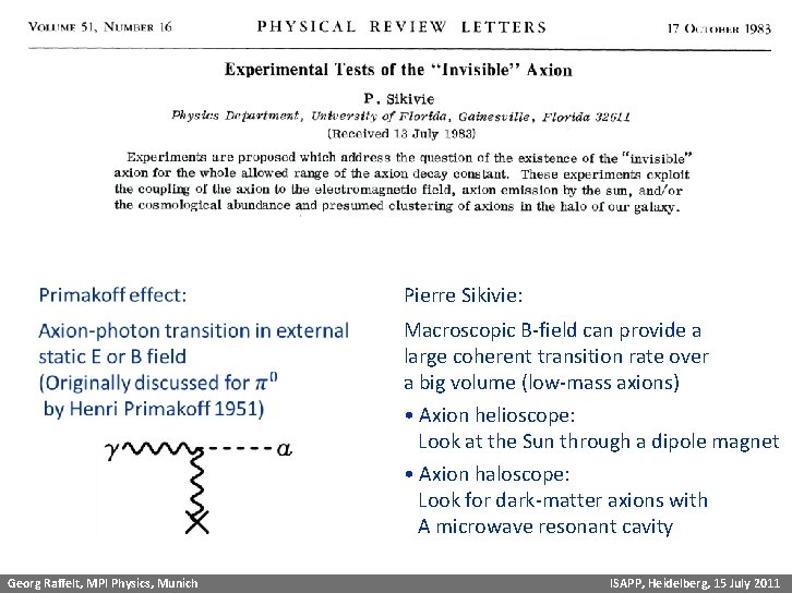 Experimental Tests of Invisible Axions Pierre Sikivie: Macroscopic B-field can provide a large coherent