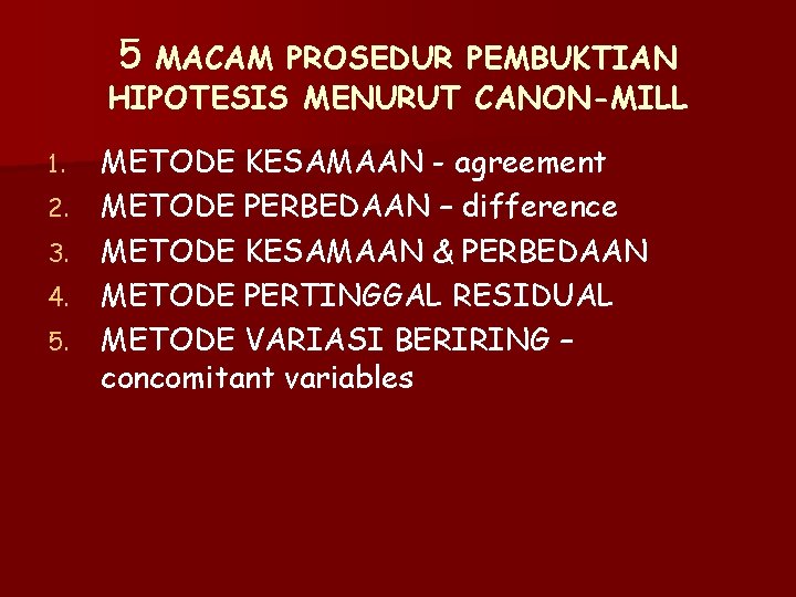 5 MACAM PROSEDUR PEMBUKTIAN HIPOTESIS MENURUT CANON-MILL 1. 2. 3. 4. 5. METODE KESAMAAN