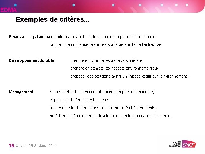 EDMA Exemples de critères. . . Finance équilibrer son portefeuille clientèle, développer son portefeuille EDMA Exemples de critères. . . Finance équilibrer son portefeuille clientèle, développer son portefeuille