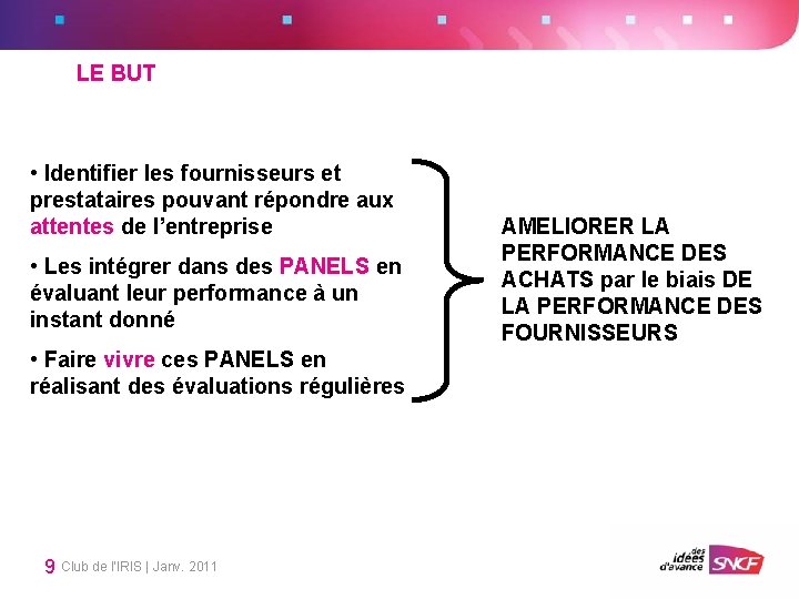 LE BUT • Identifier les fournisseurs et prestataires pouvant répondre aux attentes de l’entreprise LE BUT • Identifier les fournisseurs et prestataires pouvant répondre aux attentes de l’entreprise