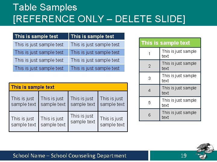 Table Samples [REFERENCE ONLY – DELETE SLIDE] This is sample test This is just