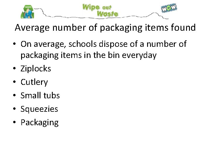 Average number of packaging items found • On average, schools dispose of a number