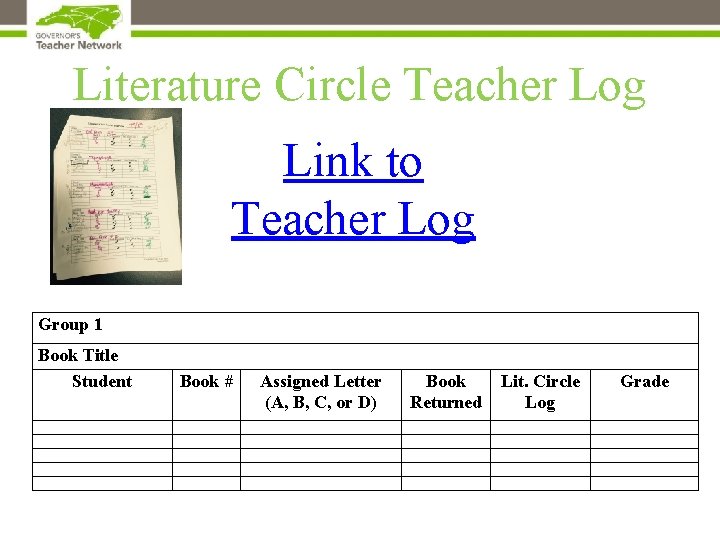 Literature Circle Teacher Log Link to Teacher Log Group 1 Book Title Student Book