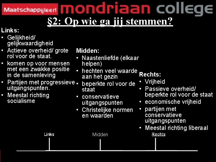 § 2: Op wie ga jij stemmen? Links: • Gelijkheid/ gelijkwaardigheid • Actieve overheid/