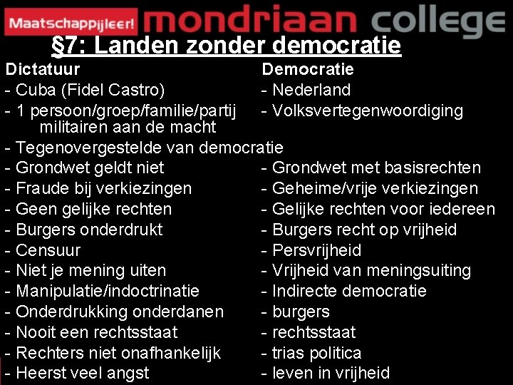 § 7: Landen zonder democratie Dictatuur Democratie - Cuba (Fidel Castro) - Nederland -