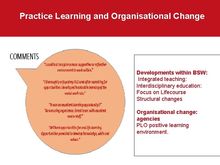 Practice Learning and Organisational Change Developments within BSW: Integrated teaching: Interdisciplinary education: Focus on