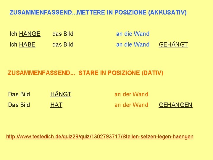 ZUSAMMENFASSEND. . . METTERE IN POSIZIONE (AKKUSATIV) Ich HÄNGE das Bild an die Wand