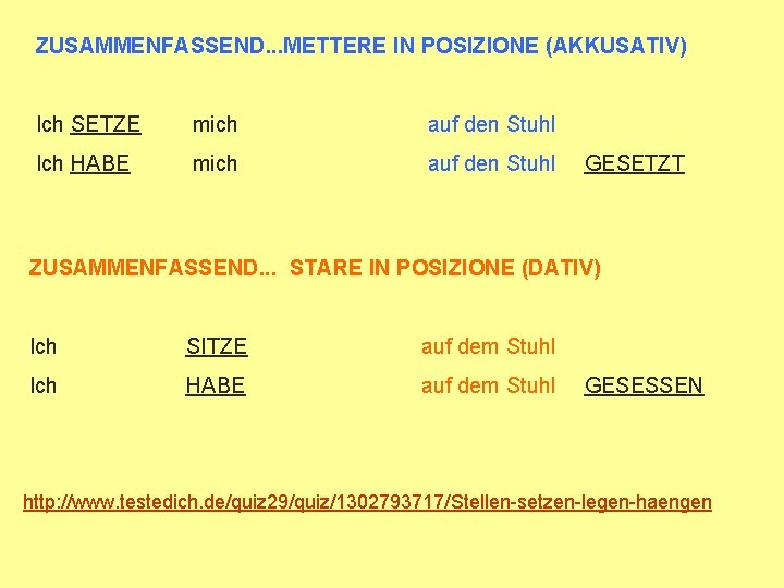 ZUSAMMENFASSEND. . . METTERE IN POSIZIONE (AKKUSATIV) Ich SETZE mich auf den Stuhl Ich