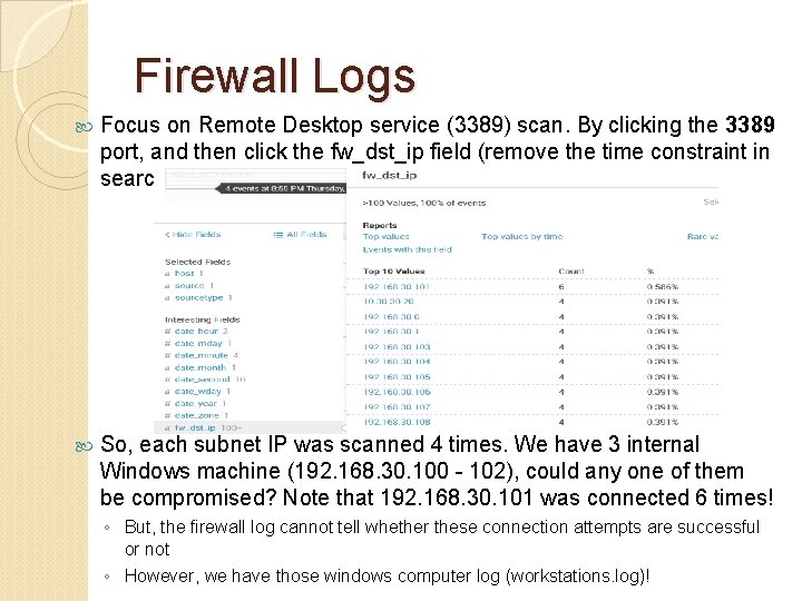 Firewall Logs Focus on Remote Desktop service (3389) scan. By clicking the 3389 port,