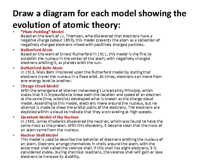 Draw a diagram for each model showing the evolution of atomic theory: • •