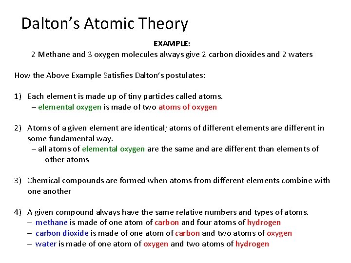 Dalton’s Atomic Theory EXAMPLE: 2 Methane and 3 oxygen molecules always give 2 carbon