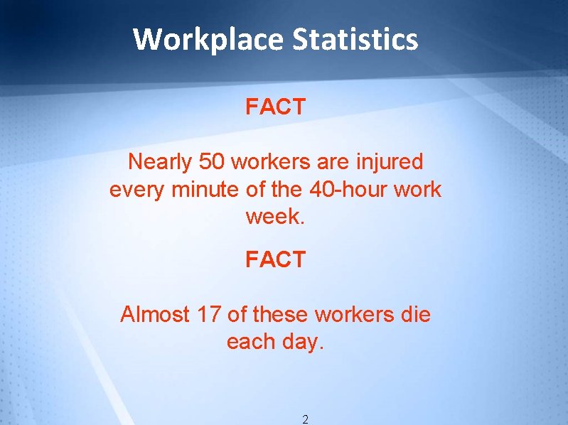 Workplace Statistics FACT Nearly 50 workers are injured every minute of the 40 -hour