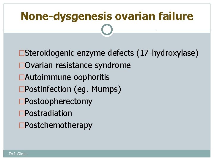 None-dysgenesis ovarian failure �Steroidogenic enzyme defects (17 -hydroxylase) �Ovarian resistance syndrome �Autoimmune oophoritis �Postinfection