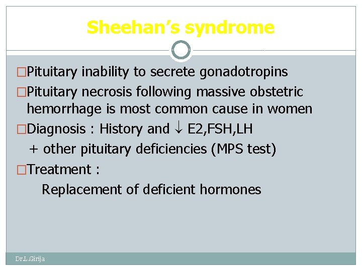Sheehan’s syndrome �Pituitary inability to secrete gonadotropins �Pituitary necrosis following massive obstetric hemorrhage is