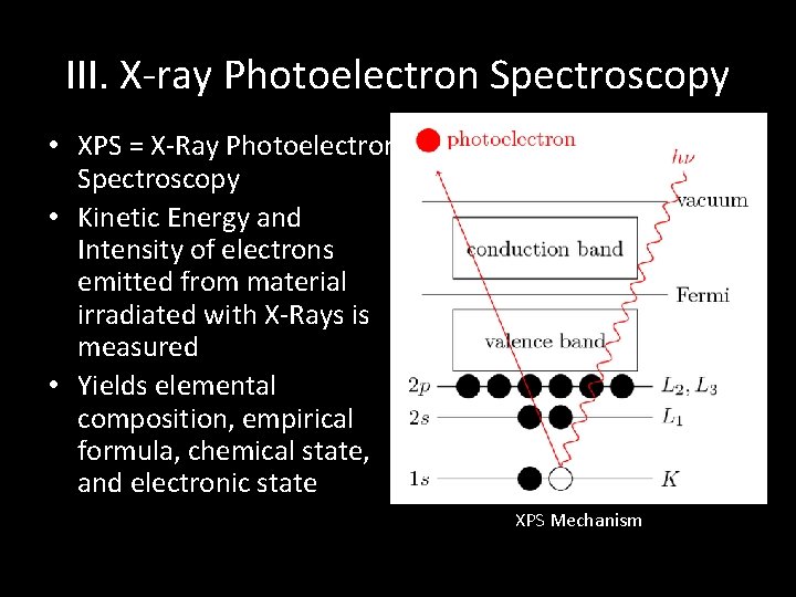 III. X-ray Photoelectron Spectroscopy • XPS = X-Ray Photoelectron Spectroscopy • Kinetic Energy and