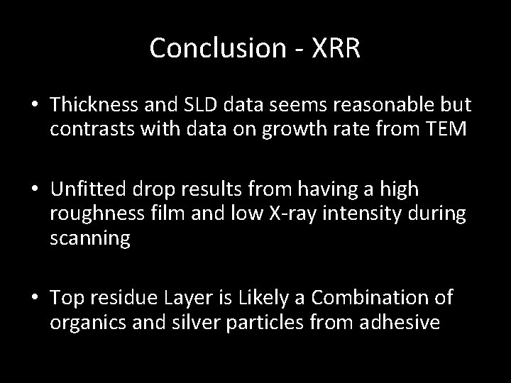 Conclusion - XRR • Thickness and SLD data seems reasonable but contrasts with data