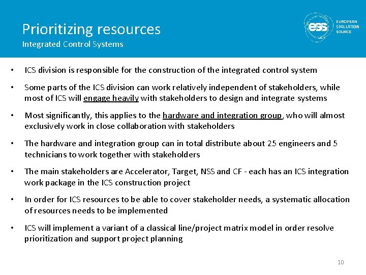 Prioritizing resources Integrated Control Systems • ICS division is responsible for the construction of