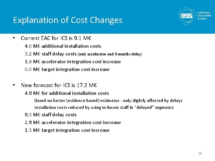 Explanation of Cost Changes • Current EAC for ICS is 9. 1 M€ 4.