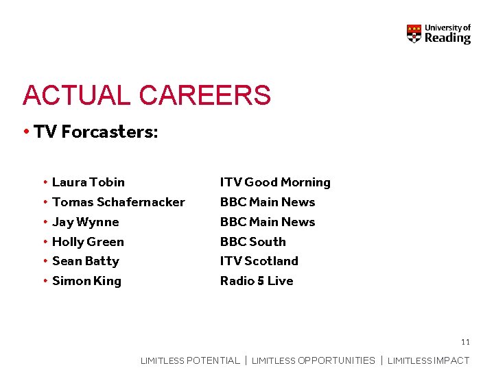 ACTUAL CAREERS • TV Forcasters: • Laura Tobin • Tomas Schafernacker • Jay Wynne