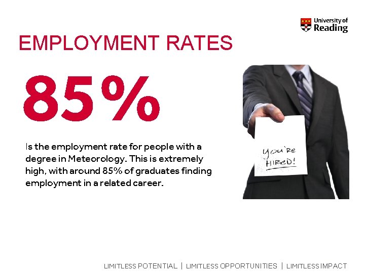 EMPLOYMENT RATES 85% Is the employment rate for people with a degree in Meteorology.