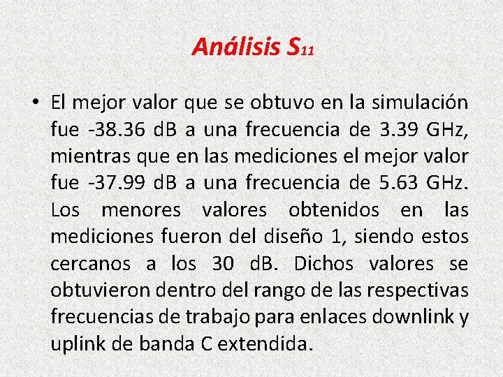 Análisis S 11 • El mejor valor que se obtuvo en la simulación fue Análisis S 11 • El mejor valor que se obtuvo en la simulación fue