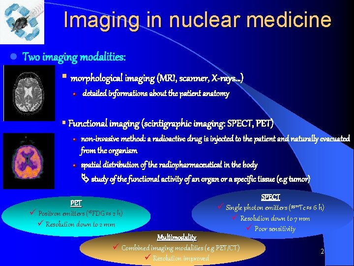 Imaging in nuclear medicine l Two imaging modalities: § morphological imaging (MRI, scanner, X-rays…)