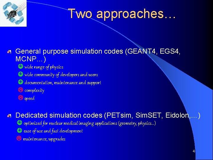 Two approaches… General purpose simulation codes (GEANT 4, EGS 4, MCNP…) wide range of